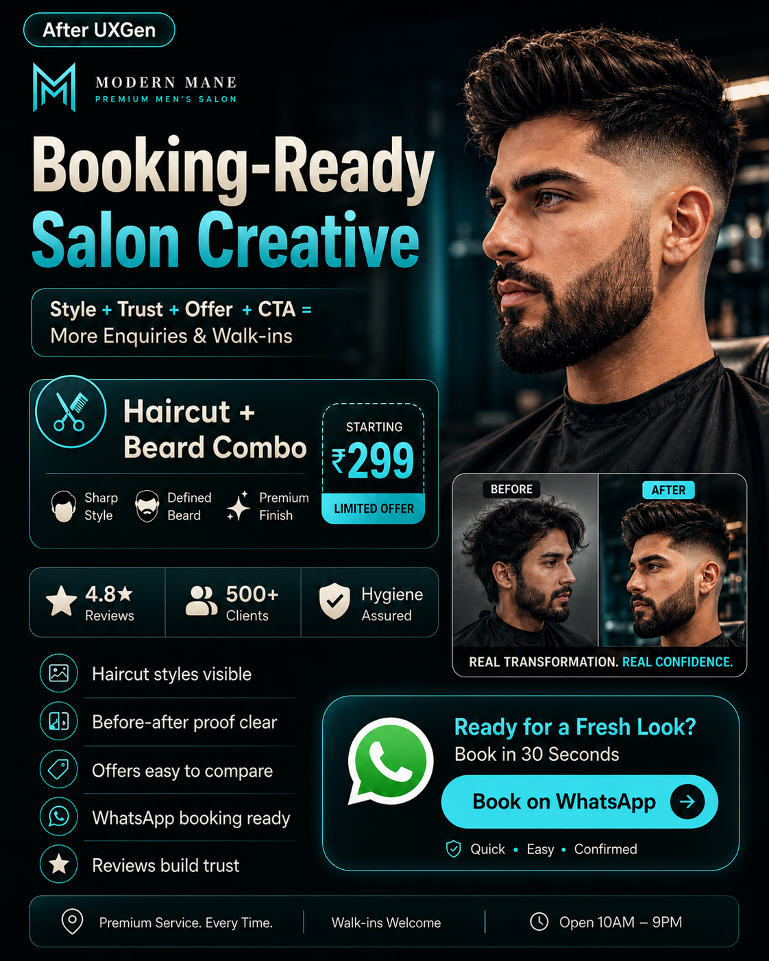 After UXGen men's salon booking-ready creative